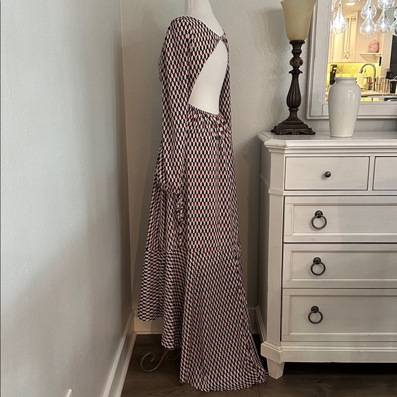 Mulla High Low Ruffle Cut Out Maxi‎ Dress Red Black Geometric Size Medium - Picture 3 of 16